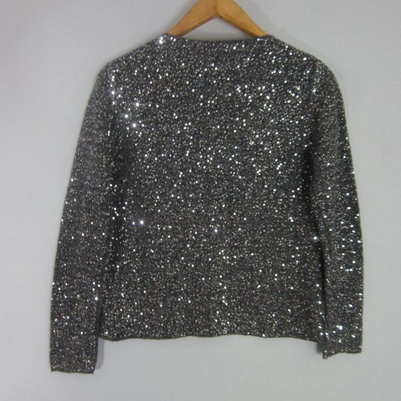 CHICOS 1 Womens Medium Blue Beige LS Silver Sequin Front Zip Wool Blend Sweater - Picture 2 of 11